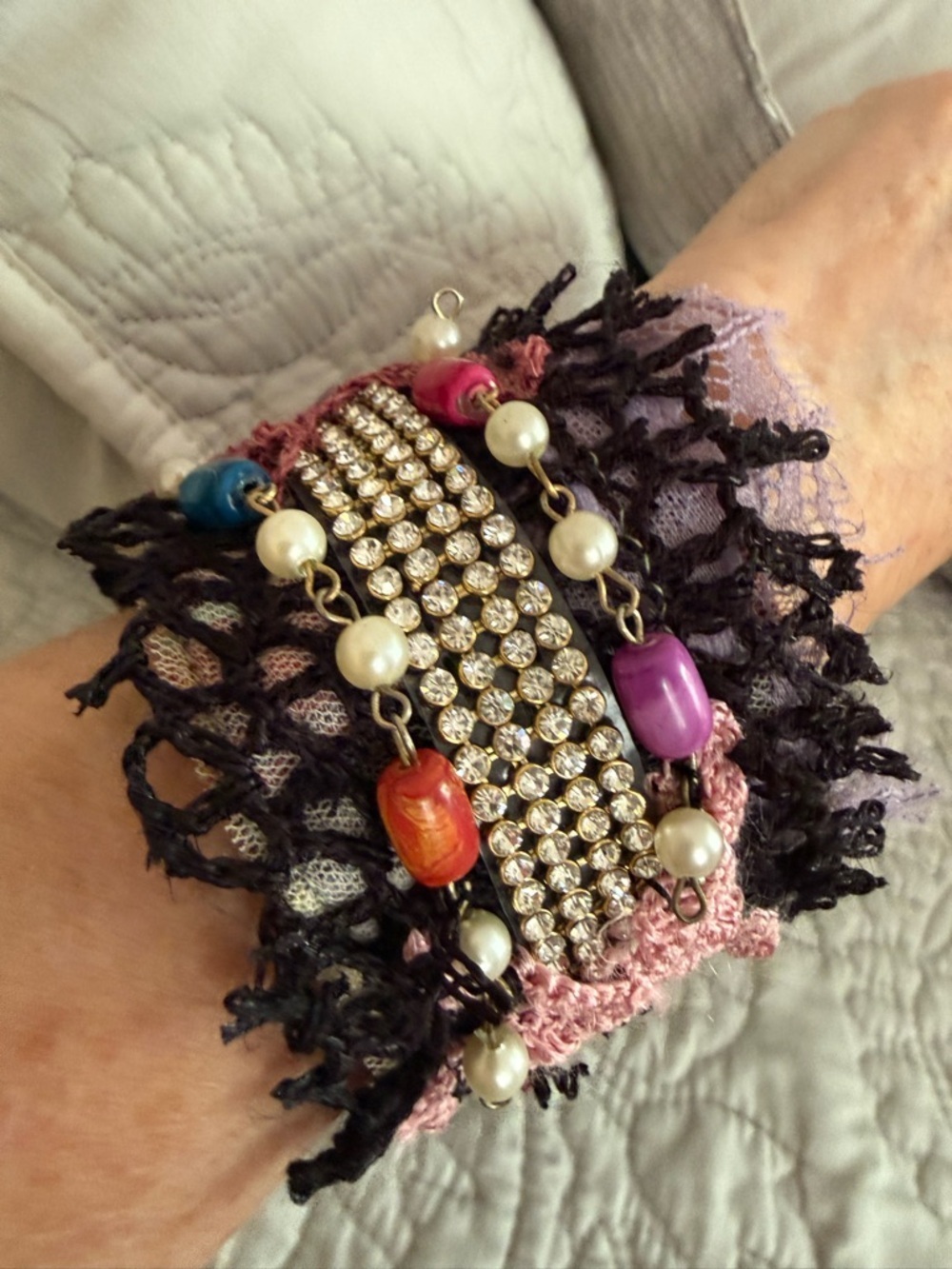 Handmade Boho Mixed Media Cuff Bracelet 7.5"